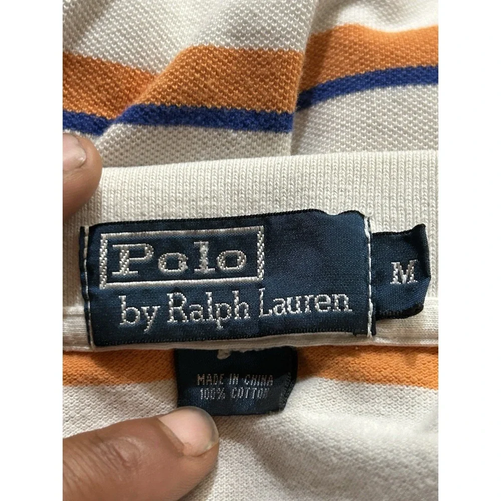 Polo Ralph Lauren Polo Shirt Mens M Striped White Orange Blue Preppy Pique